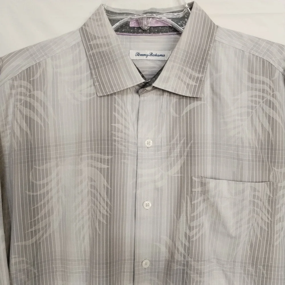 Tommy Bahama Shirt Mens Large Striped Cotton Silk Gray‎ Long Sleeve Flip Cuffs